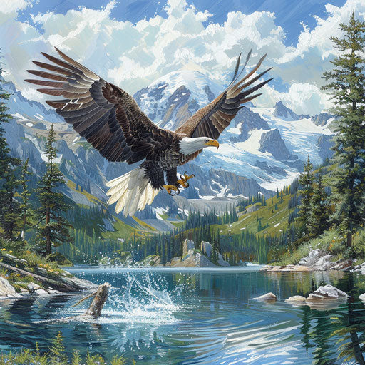 Bald eagle diving to catch prey in clear alpine lake