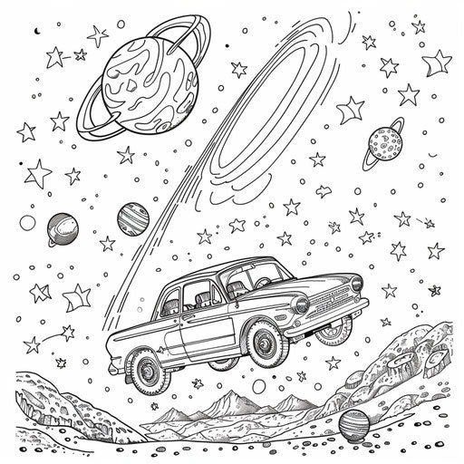 Flying car in space with stars and planets