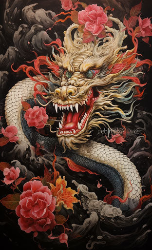 Japanese dragon in red and gold, black and white realism
