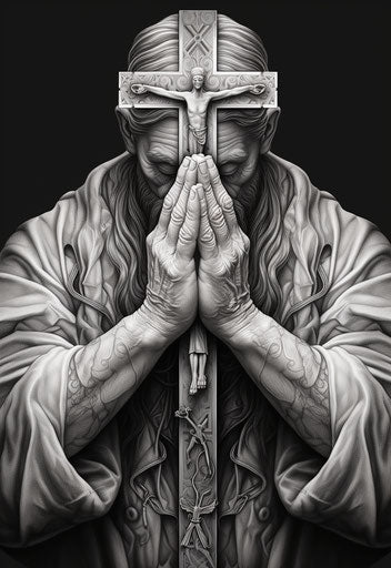 Hands praying over a cross, pencil art style