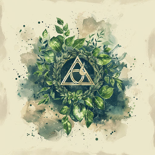 Eco-friendly flat tattoo sketch of a rune surrounded by green leaves