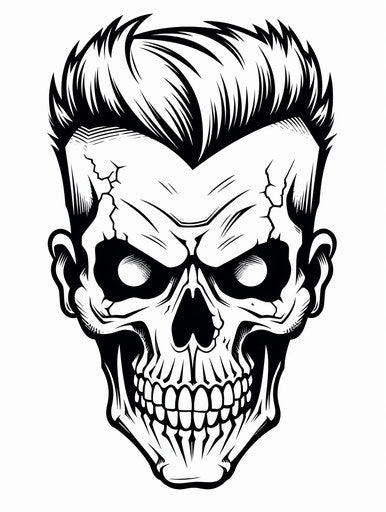 Funny cartoon skull drawing coloring of punk skull, in the style of DC comics, stencils 3:4