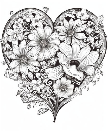 Flower heart in heart shape, heavy inking, asymmetrical framing