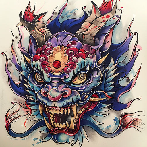 Colorful traditional tattoos on Japanese demon