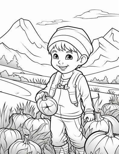 Child picking a pumpkin in a grassy field