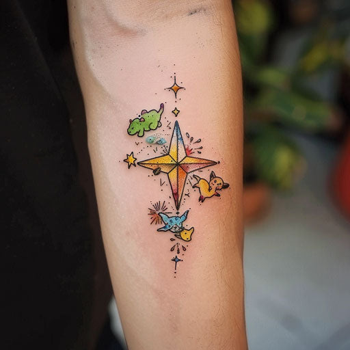 Quaint tattoo sketch of the North Star with cartoon animal figures and playful colors