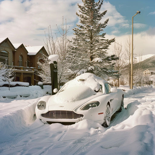 Snow-covered Aston Martin DB7 Zagato with ski racks, winter resort parking lot