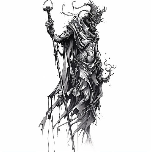 Detailed black and grey tattoo design of Hades, Greek god of the underworld, with a scepter, on white background