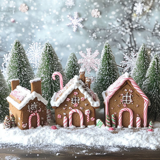 Whimsical gingerbread village in snowy setting