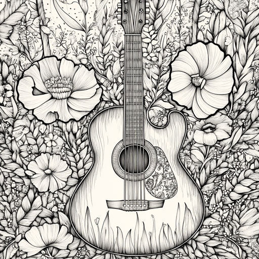 Magical guitar with enchanted forest elements in the style of a Mindy Sommers coloring book page