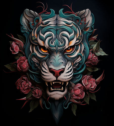 Tiger tattoo, stylized skull, roses, Shang dynasty style