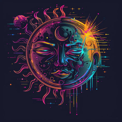 Futuristic tattoo sketch of a sun and moon in digital pixel art style, neon colors