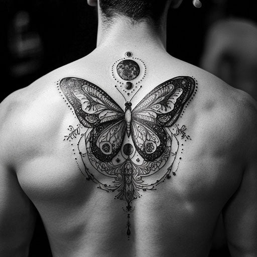 Butterfly tattoo men on the back with celestial elements