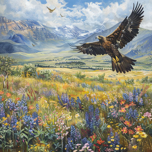 Eagle riding thermals over blooming wildflower meadow
