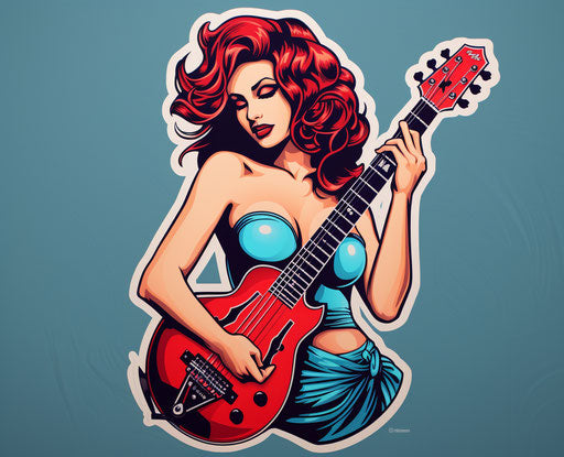 Blue electric guitar sticker with a girl, glamorous pin-up style light red and turquoise