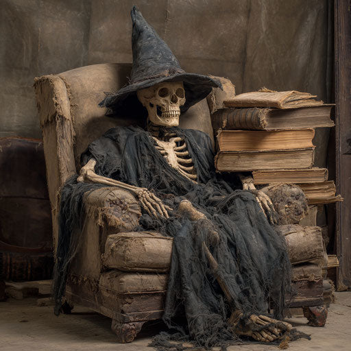 A Skeleton in an Antique Chair Dressed in Black