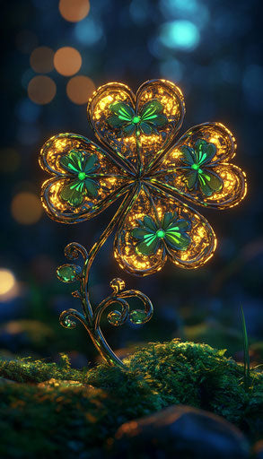 Shiny golden and green shamrock with glowing Irish designs
