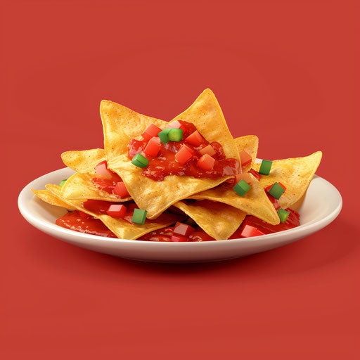 Nachos clipart in photo realistic style with a flat blue background, soft focus and light texture