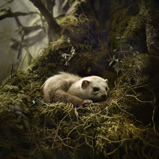 A ferret nestled in a bed of moss in a forest
