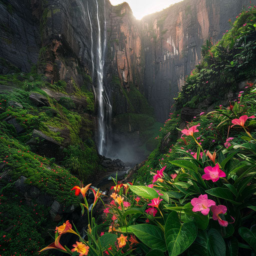 Angel Falls with rich greenery and exotic flowers