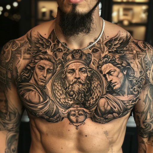 Men's chest tattoo depicting mythological gods, J.P. Targete style