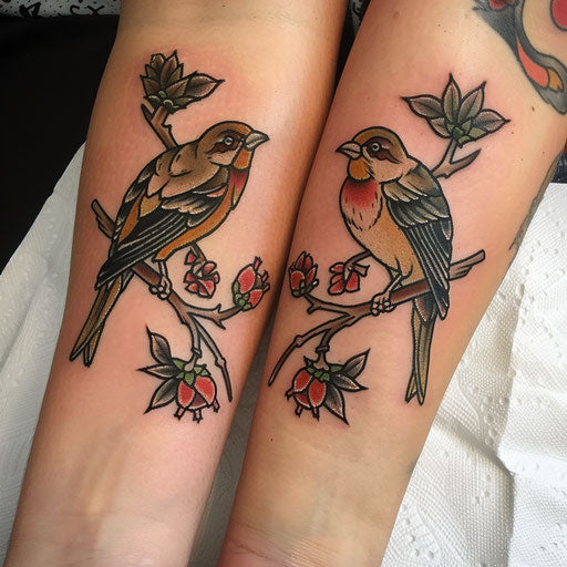 Matching best friend tattoos in the style of Ed Hardy with traditional sparrows