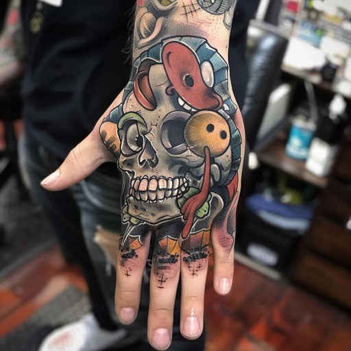 Skull hand tattoo in Steve Sack style with funny animals