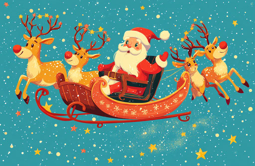 Santa Claus in sleigh with reindeer flying in flat design