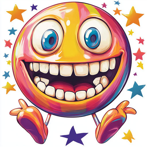 Humorous caricature of a ball caricature clipart with human characteristics, exaggerated toothy teeth, small feet, surrounded by stars, vibrant colors, cartoon style, pointing, high-resolution, no background, isolated