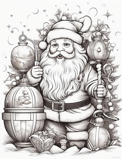 Santa Claus with toys and lights, coloring pages for adults
