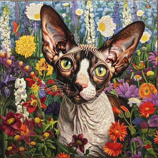 Cornish rex cat in a flower bed with beautiful flowers