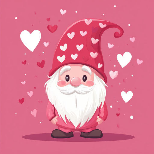 Valentine's Day, a pink gnome with hearts on his hat and a white beard