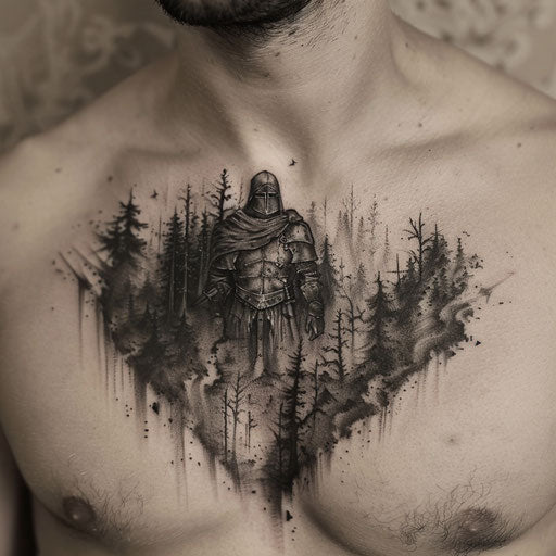 Epic fantasy tattoo with knights and enchanted forests