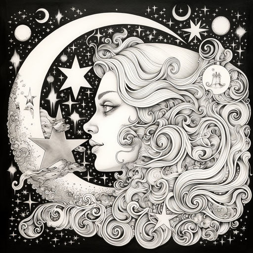Moon and stars in an artfully detailed coloring page