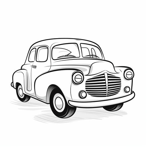 Car with a happy smile, simplified line work in black and white