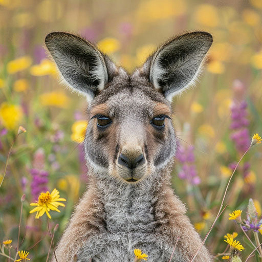 Western grey kangaroo amidst wildflowers