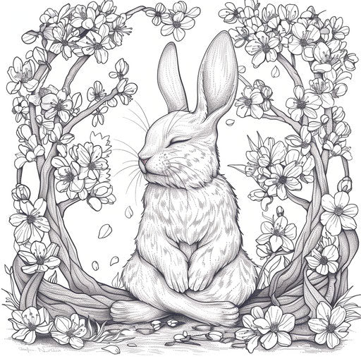Zen garden with Easter bunny meditating among cherry blossoms