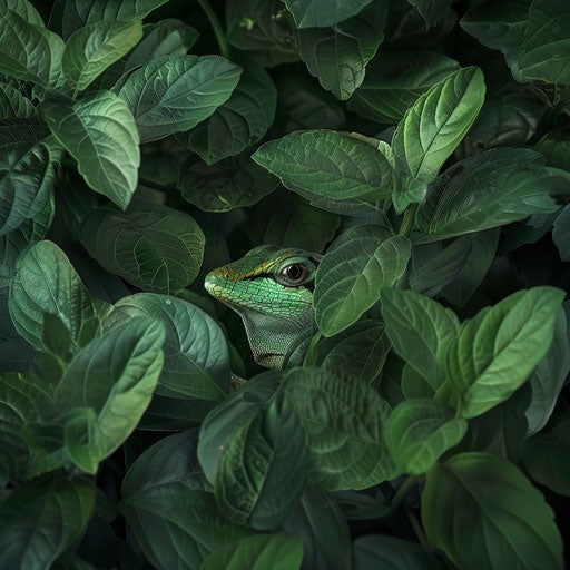 Anole lizard camouflaged among green leaves