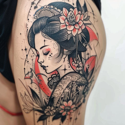 Depressive tattoo with Japanese influences, in the style of Ami James