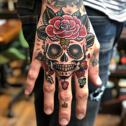 Skull hand tattoo in Ed Hardy style with rose designs