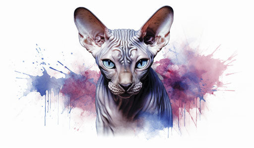 Sphinx cat on white background, dark silver and light purple style