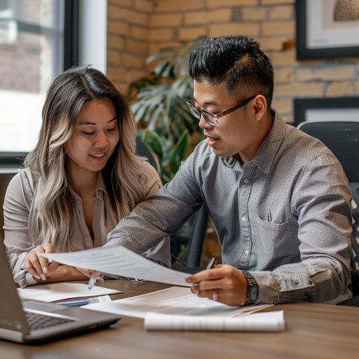 Contract review with client in elegant office setting
