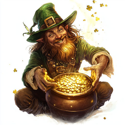 Leprechaun with pot of gold, white background, clipart style