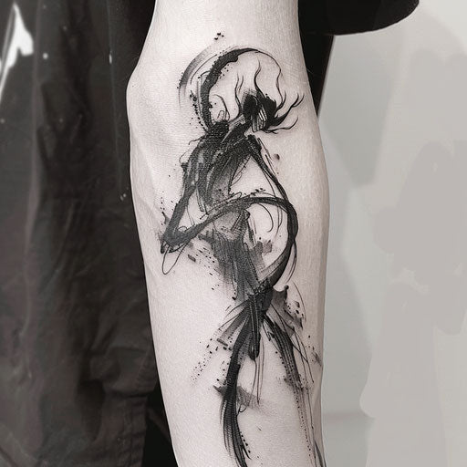 Expressive brush stroke tattoo of Hades, fluid lines on white background