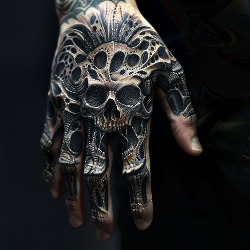 Skull hand tattoo in the style of J.P. Targete with futuristic and surreal designs