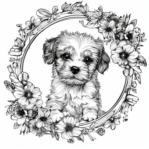 Detailed floral frame with a puppy in the center