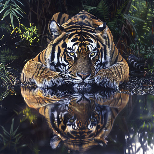 A Sumatran tiger resting beside a jungle pond