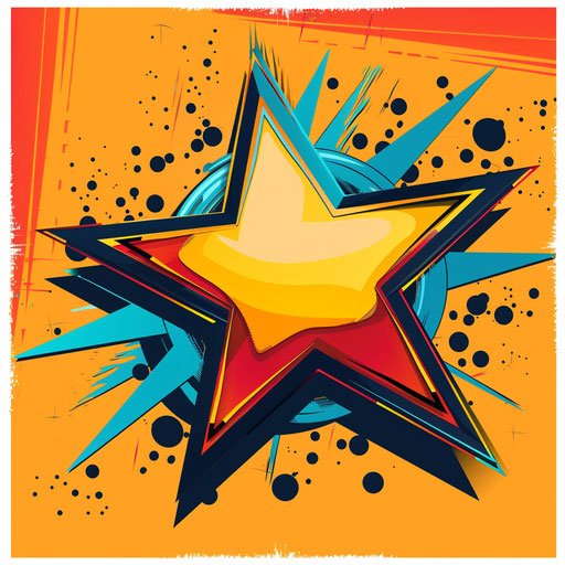 Comic-style cartoon logo with bold lines and bright colors