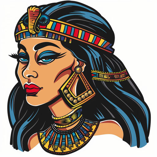Cartoon-style Cleopatra tattoo stencil with bright, playful colors on white