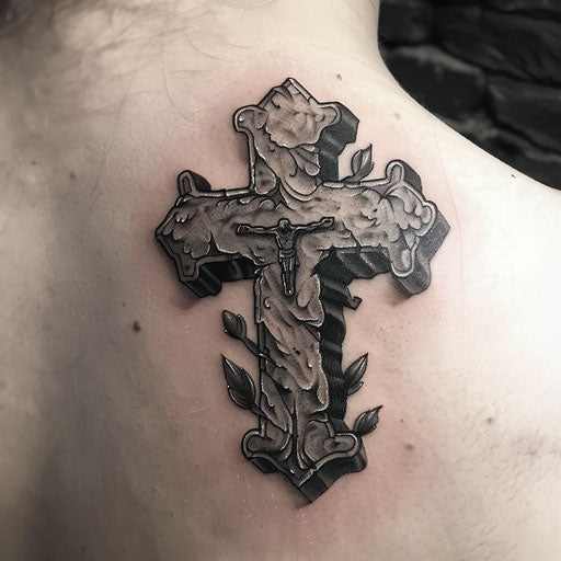 Gothic-style strength cross tattoo with detailed stonework